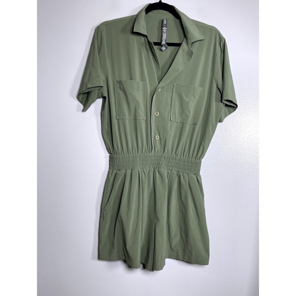 VUORI Villa Romper Small Olive Green Pleated Shorts Jumpsuit Stretch Travel - Picture 2 of 9